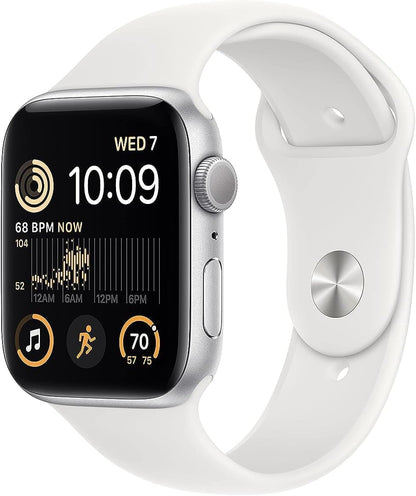 New Apple Watch SE (2nd generation) (GPS, 44mm) Smart watch - Silver Aluminium Case with White Sport Band - Regular. Fitness & Sleep Tracker, Crash Detection, Heart Rate Monitor, Water Resistant