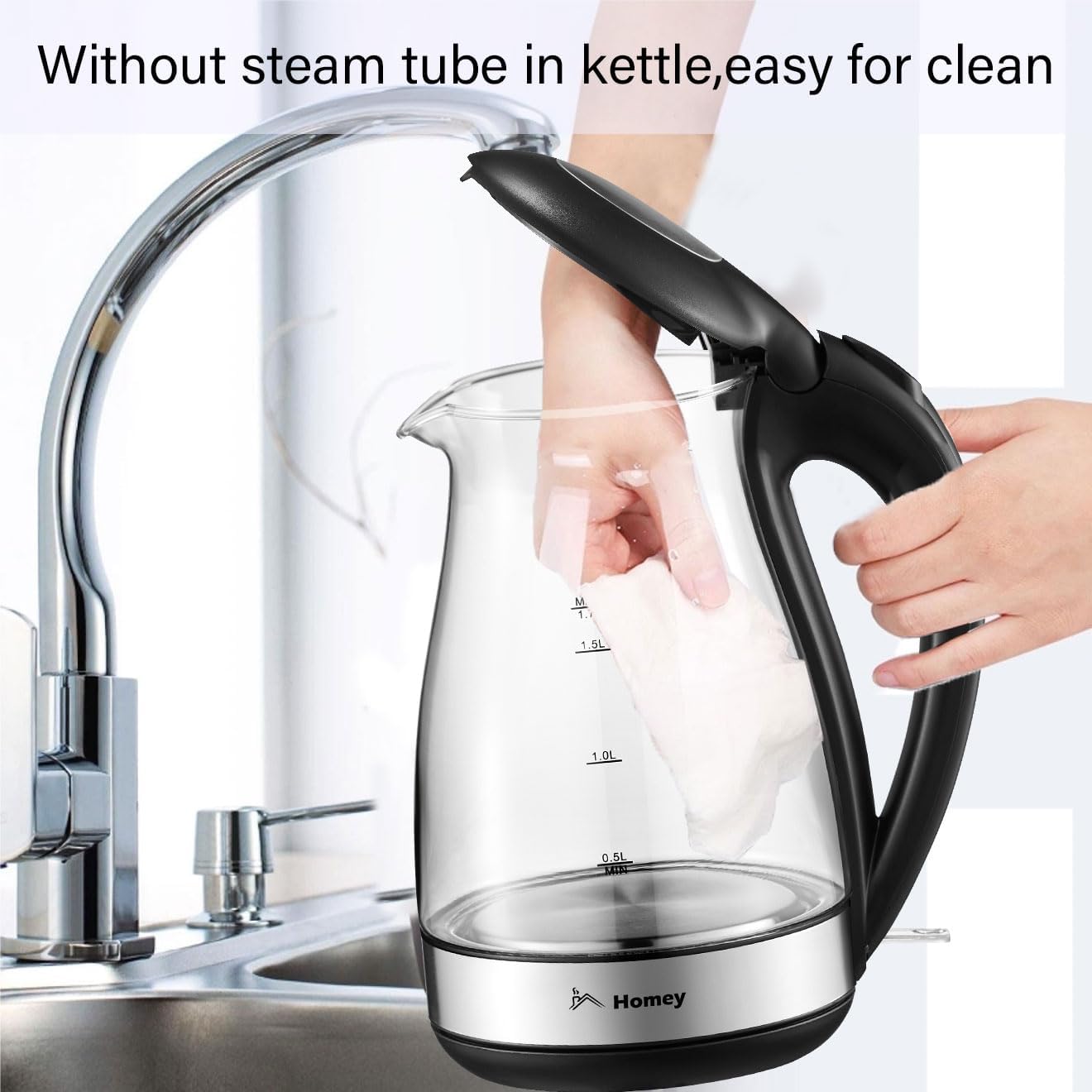 Homey Electric Glass Kettle 1.7L Capacity, 1850-2200W, Auto Shut-Off, Boil Dry Protection,Water Heater Kettle