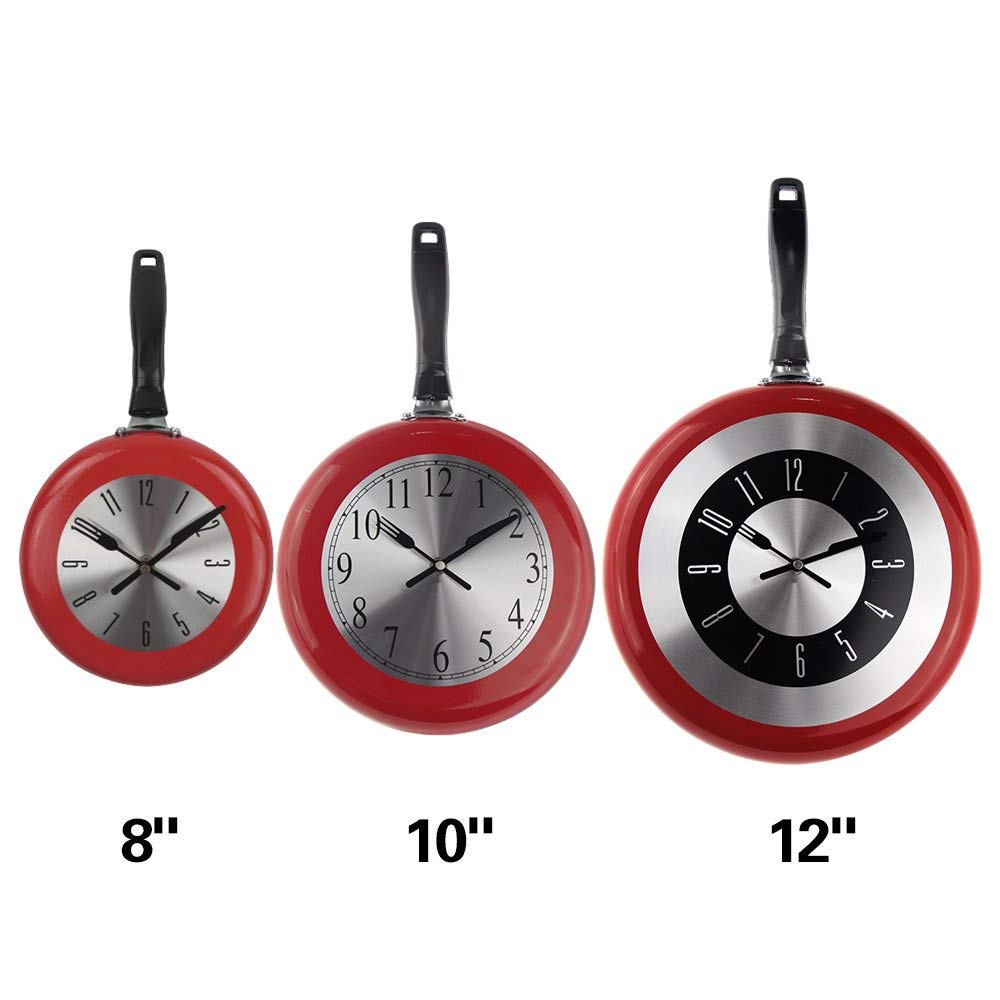 Timelike Wall Clock, 10 inch Metal Frying Pan Kitchen Wall Clock Home Decor - Kitchen Themed Unique Wall Clock with a Screwdriver (Red)