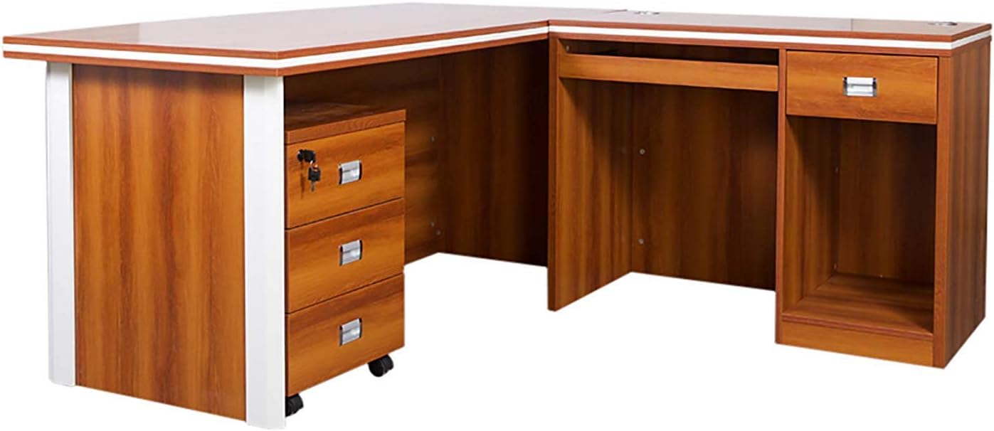 Mahmayi Zelda M225-16 Modern Executive Desk with Check Writing Ledge, Underneath Storage Cubby, Locking Drawer, and Storage Cabinet - Office Furniture for Productivity - Walnut/White (160cm)