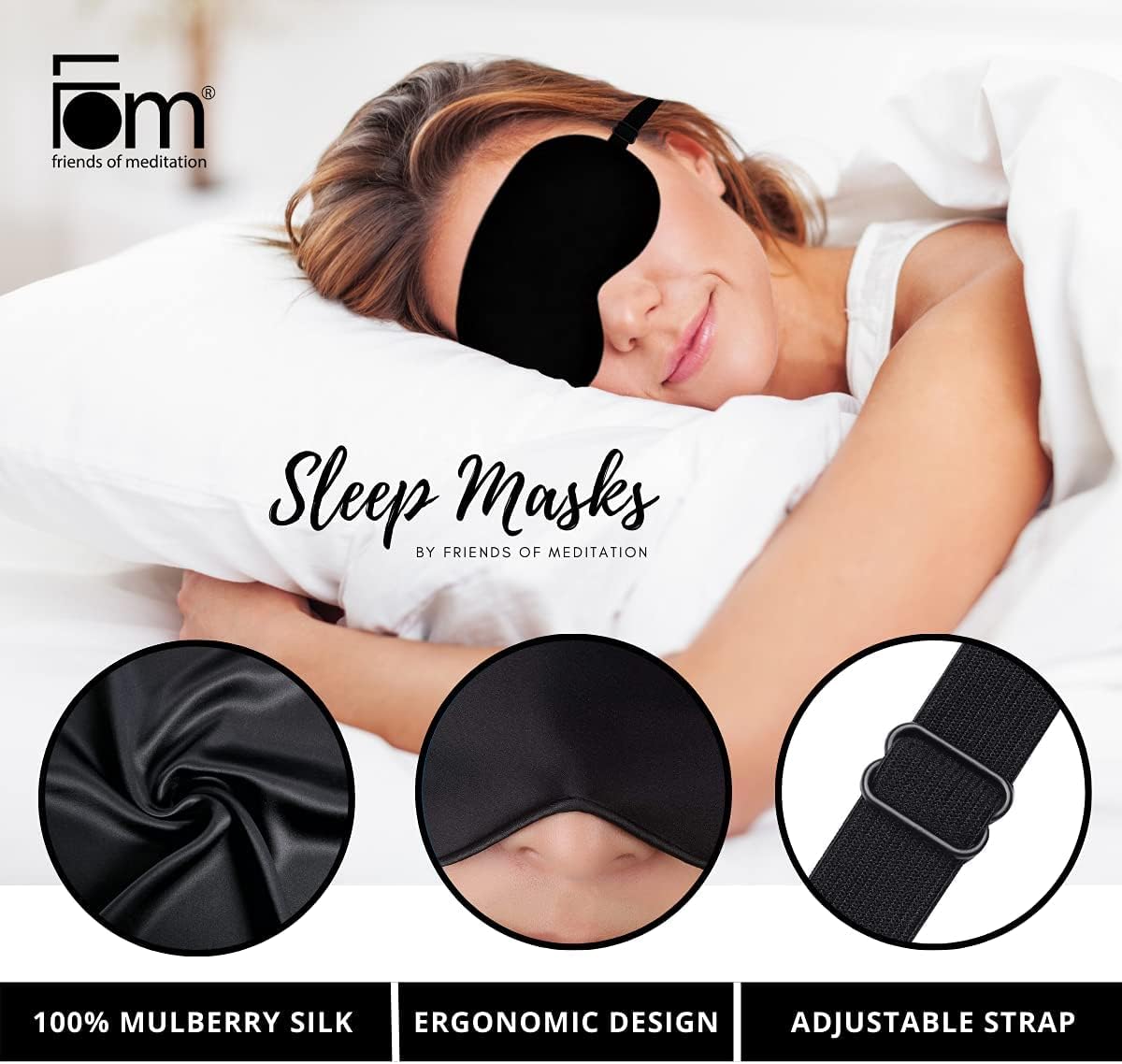 FOM (Friends of Meditation) 100% Mulberry Silk Eye Mask, Super Smooth Sleep Mask And Blind Fold (Black)