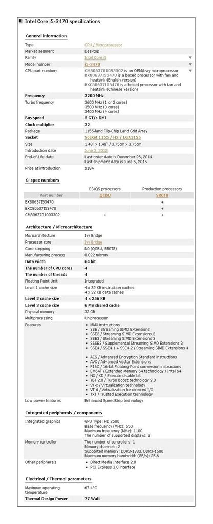 Intel Core I5 3470 3.2GHz Quad-Core CPU Processor 6M 77W LGA 1155