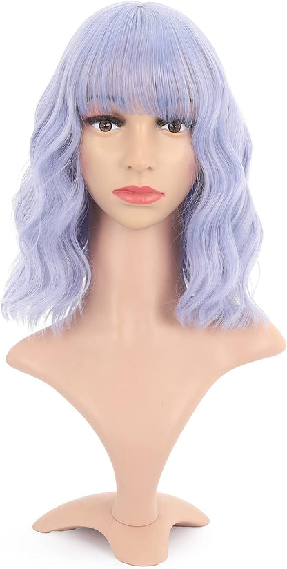 VCKOVCKO Ombre Color Natural Wavy Bob Wig With Air Bangs Short Bob Wigs Women's Shoulder Length Wigs Black to Pink Purple Curly Wavy Synthetic Cosplay for Girl Colorful Wigs(12",Black to WineRed)