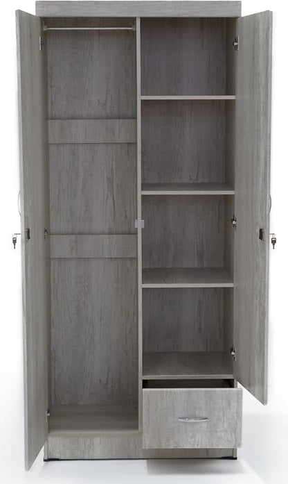 ALWASIT HOME Mehruddin 2 Door Wooden Wardrobe With Mirror with One Lockable Drawer (Without assembly, White)