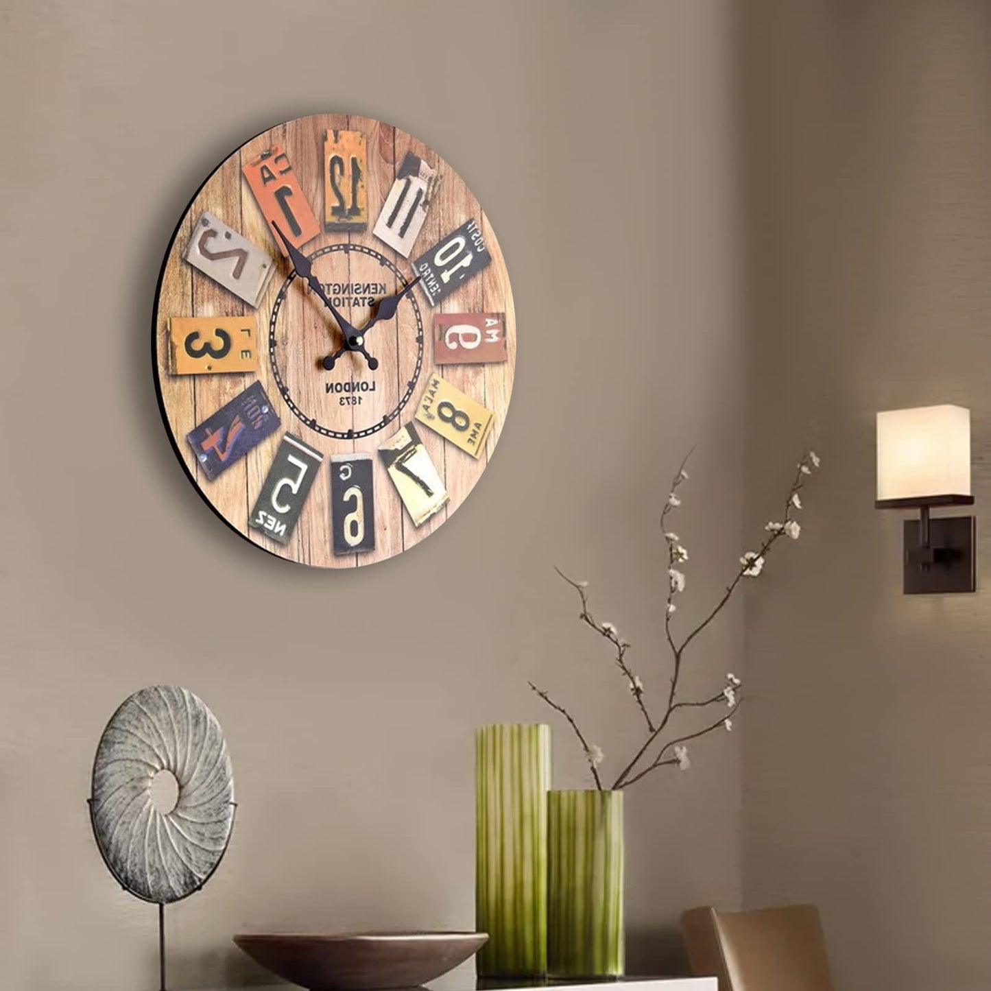 DAYONG Round Wall Clock 14 Inch Large Numbers Wooden Wall Clocks Battery Operated,Retro Rustic Style Decorative for Living Room Kitchen Home Bathroom Bedroom