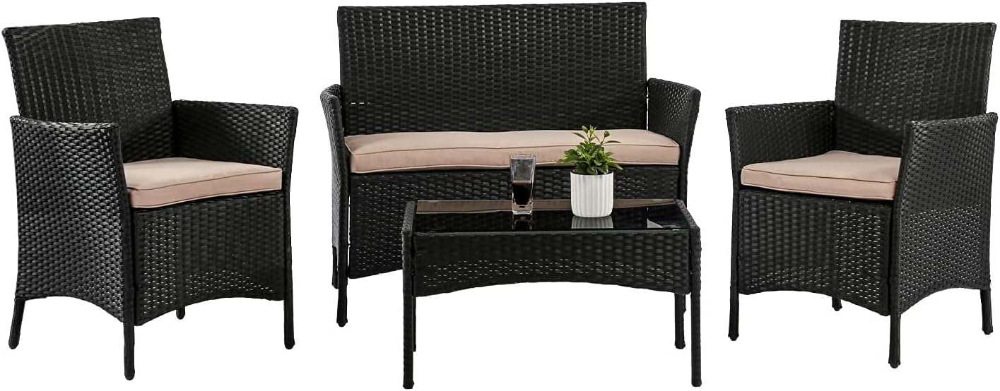 Outdoor Patio Furniture Sets 4 Pieces Patio Set Rattan Chair Wicker Sofa Conversation Set Patio Chair for Backyard Lawn Porch Poolside Balcony Garden Furniture Sets with Coffee Table (Black)