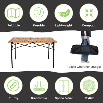 Natural Wood Roll Up Folding Table – Durable and Portable for Picnic, Camping, Beach, Outdoor – BBQ, Pizza Oven Stand – Multifunctional Foldable Table with Carry Bag – Size 120x70x70 cm - W:10 Kg