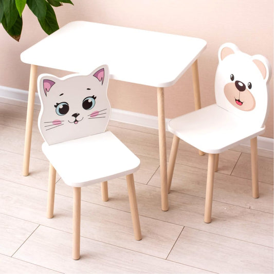 3-Piece Kids Wooden Table and Chair Set – White Play Table with 2 Chairs for Toddlers and Children – Ideal Study Table and Chair Set for Boys and Girls, Nursery Furniture (3, cat+bear)