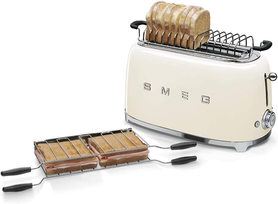 Smeg TSF02CRUK, 50's Retro Style 4 Slice Toaster,6 Browning Levels,2 Extra Wide Bread Slots, Defrost and Reheat Functions, Removable Crumb Tray, Cream, 1 Year Warranty