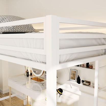 ikalido Metal Loft Bed Twin Size, Multifunctional Twin Bed with Safety Guard & Removable Ladder, Space-Saving/Noise Free/No Box Spring Needed/Matte White