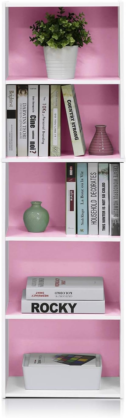 Furinno 5-Tier Reversible Color Open Shelf Bookcase, White/Pink 11055WH/PI