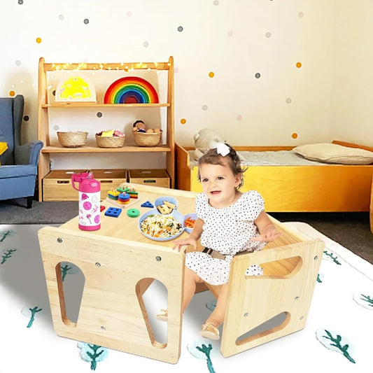 HEXAR® 2Pcs Montessori Table and Chair Set Hardwood Weaning Desk for Toddler Reading Snack Time Playroom Activity Cube Step Stool 1-4 Year Old Kids Montessori Furniture