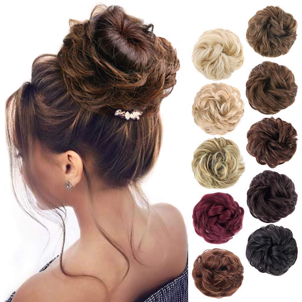 MORICA 1PCS Messy Hair Bun Hair Scrunchies Extension Curly Wavy Messy Synthetic Chignon for Women (12AH613(Light Golden Brown & Lightest Blonde))