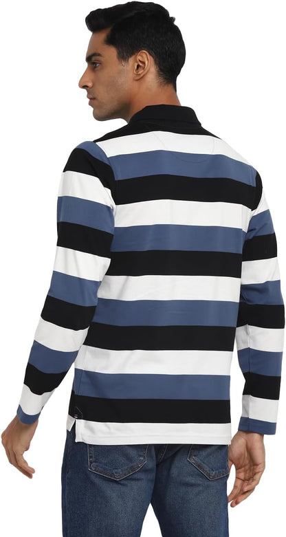 Deniklo Men's Polo Collar Full Sleeves Striped T-Shirt with Embroidery DK 240