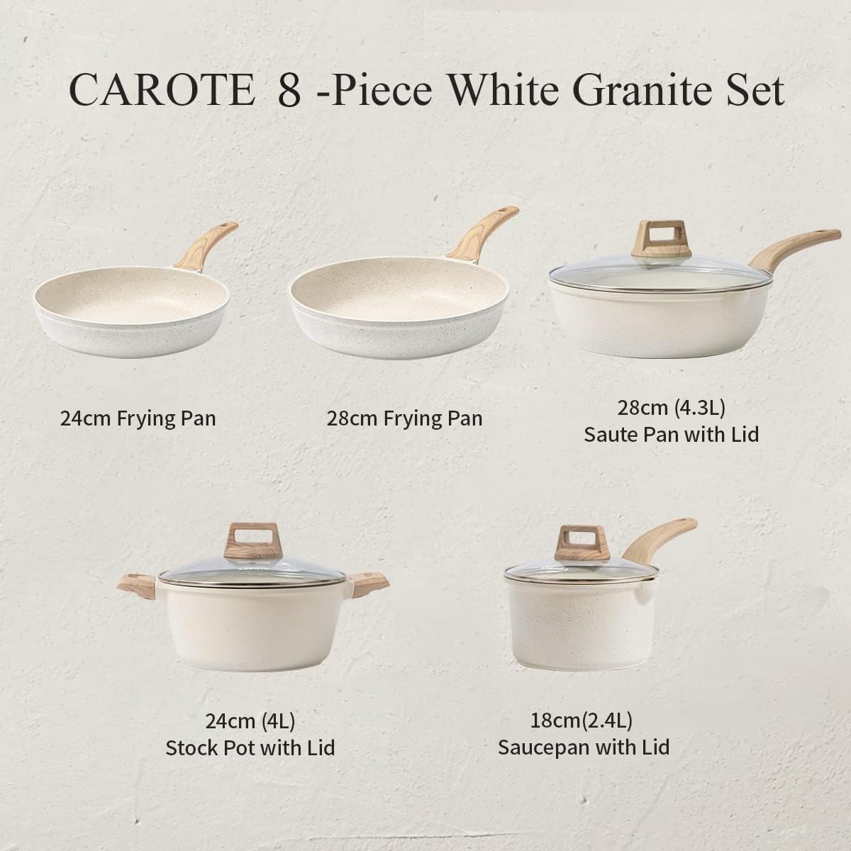 CAROTE 8 Pcs Pots and Pans Set Nonstick, White Granite Induction Kitchen Cookware Sets, Non Stick Cooking Set