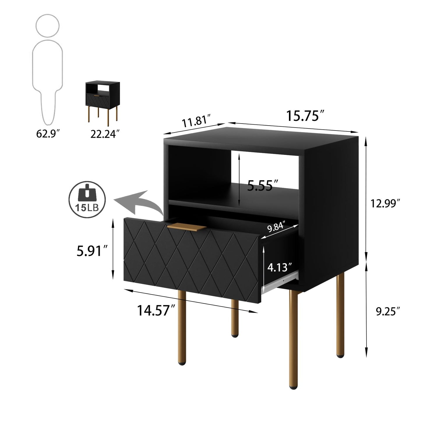 Aobafuir Nightstand, 2 Drawer Dresser for Bedroom, Small Side Table with 2 Drawers, Bedside Furniture, Night Stand, End Table with Gold Frame for Bedroom, Living Room, White Stripe