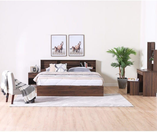 Danube Home Gamorah 5 Pieces Bed Set King Size, Night Stand, Dresser And Stool With Mirror, Wood Columbia Dark Brown 180x200cm