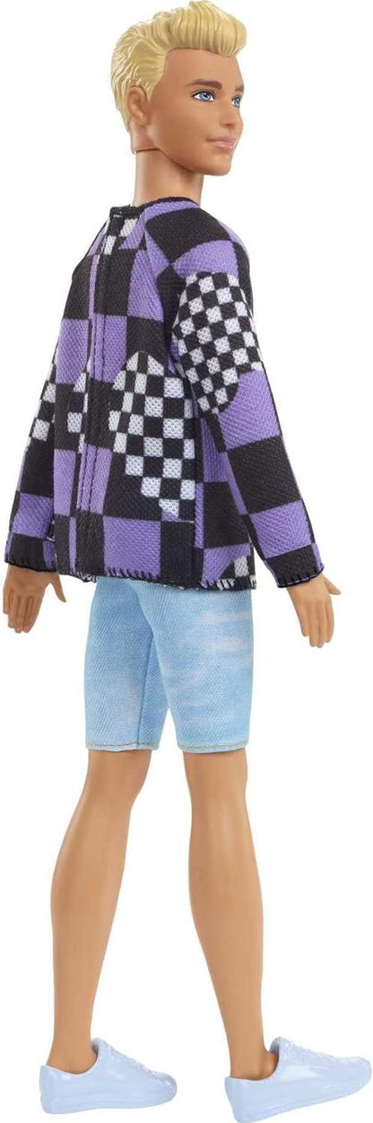 Barbie Ken Fashionistas Doll #191, Blonde Cropped Hair, Checkered Sweater, Denim Shorts, White Sneakers, Toy for Kids 3 to 8 Years Old