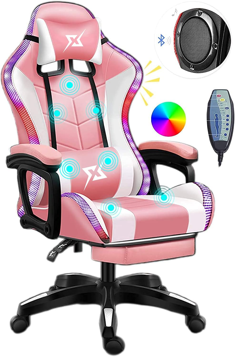 COOLBABY Gaming Chair LED Light Racing Chair,Ergonomic Office Massage Chair,Lumbar Support and Adjustable Back Bench,Bluetooth Speaker…