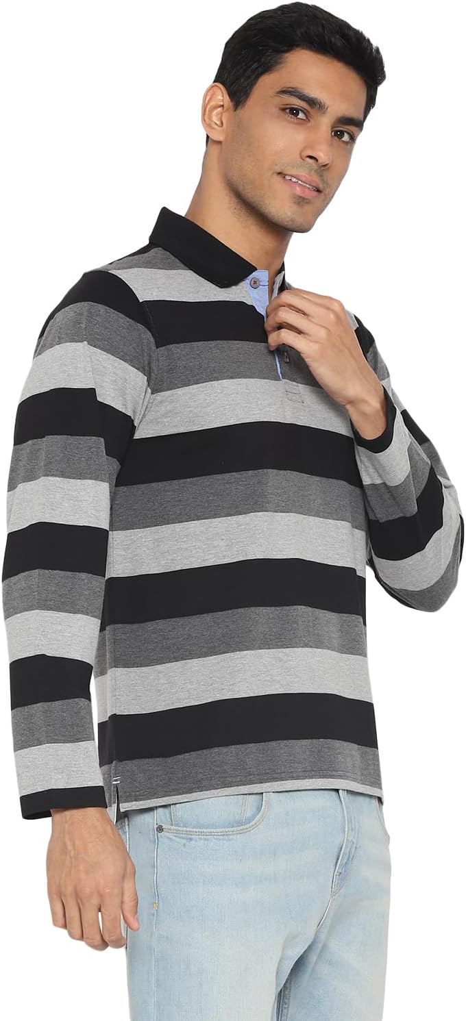 Deniklo Men's Polo Collar Full Sleeves Striped T-Shirt with Embroidery DK 240