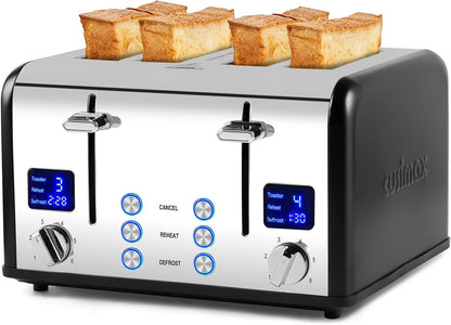 CUSIMAX 4 Slice Toaster LED Display Bread Toaster with Dual Control Panels of Timer, Extra Wide Slots and 6 Browning Settings, Cancel/Reheat/Defrost Function, Removable Crumb Trays, Silver