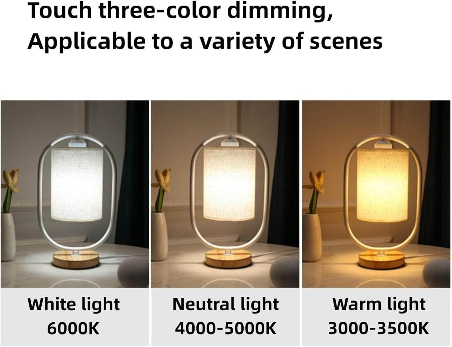 Modern Table Lamps for Bedrooms, Wood Bedside Lamp Reading Light, 3-Way Dimmable Touch Bedroom Lamp for Nightstand with Beige Fabric Lampshade, Bulbs Included