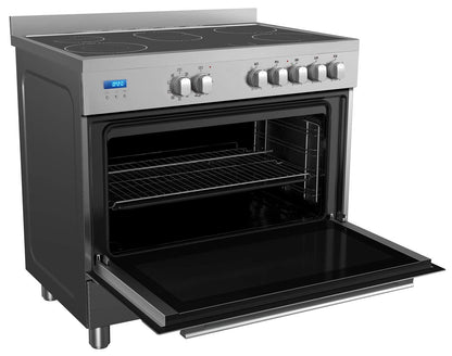 Midea 90x60cm Freestanding Ceramic Cooker with 109L Multifunction Oven, 5 Zones Full Electric Cooking Range with LED Display, Dual Convection Fan, Rotisserie, Digital Timer, Stainless Steel, VSVC96048