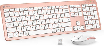 iClever Wireless Keyboard and Mouse GK08- Rechargeable Wireless Keyboard Ergonomic Full Size Design with Number Pad, 2.4G Stable Connection Slim White Keyboard and Mouse for Windows, Mac OS Computer