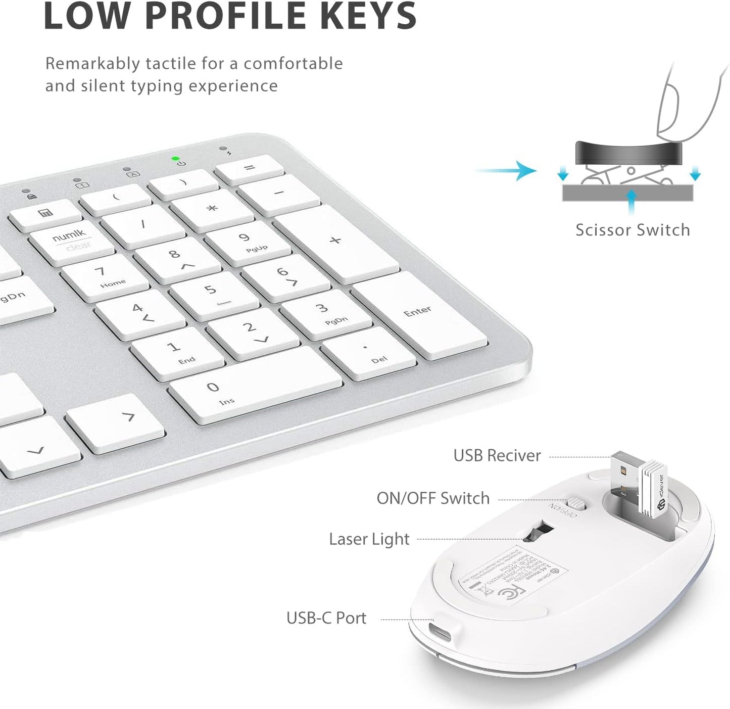 iClever Wireless Keyboard and Mouse GK08- Rechargeable Wireless Keyboard Ergonomic Full Size Design with Number Pad, 2.4G Stable Connection Slim White Keyboard and Mouse for Windows, Mac OS Computer