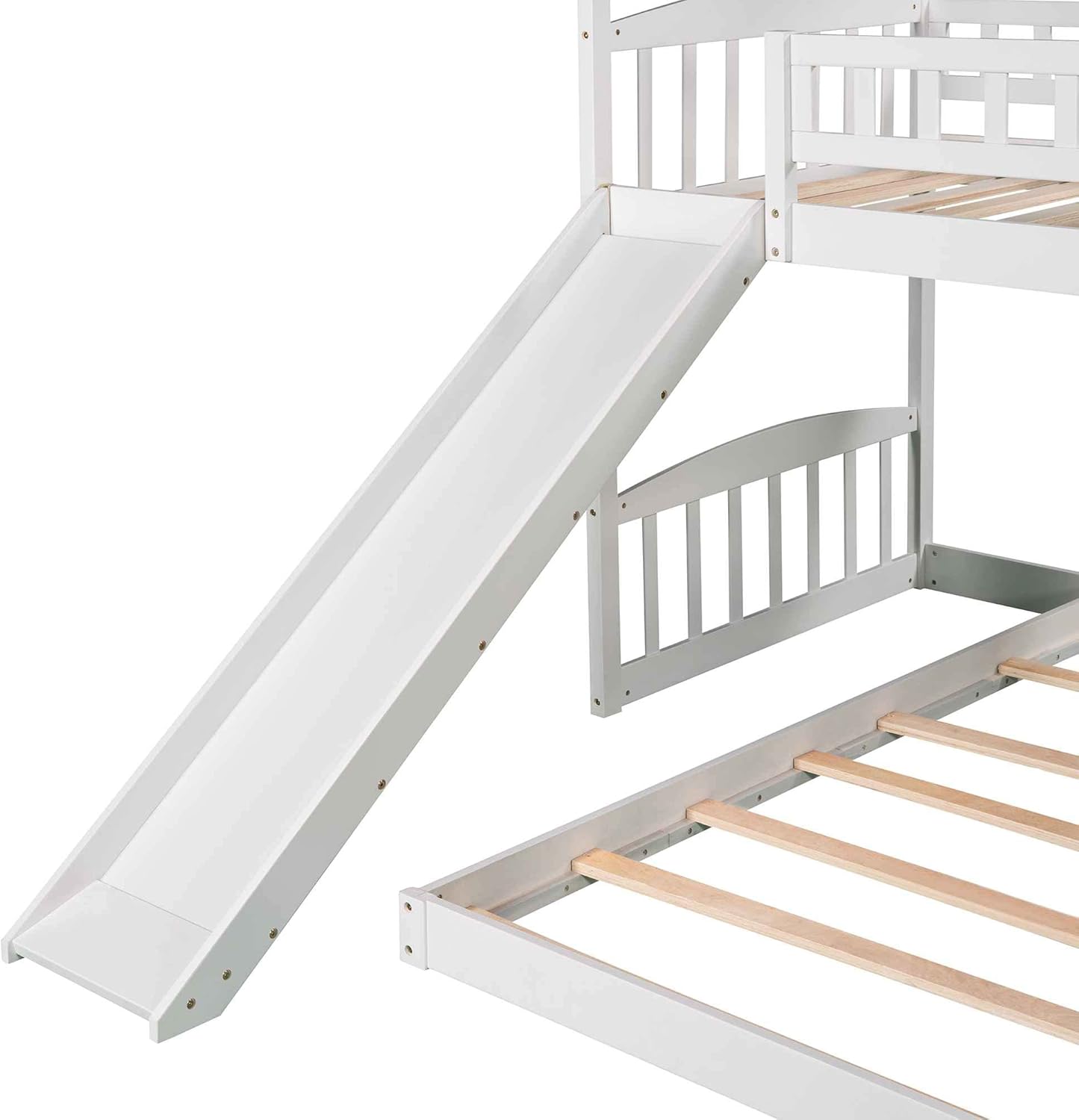 ATY Twin-Over-Twin Bunk Bed with Slide, House Bunkbeds Frame w/Roof for Toddler, Kids, Teens, No Box Spring Needed, White