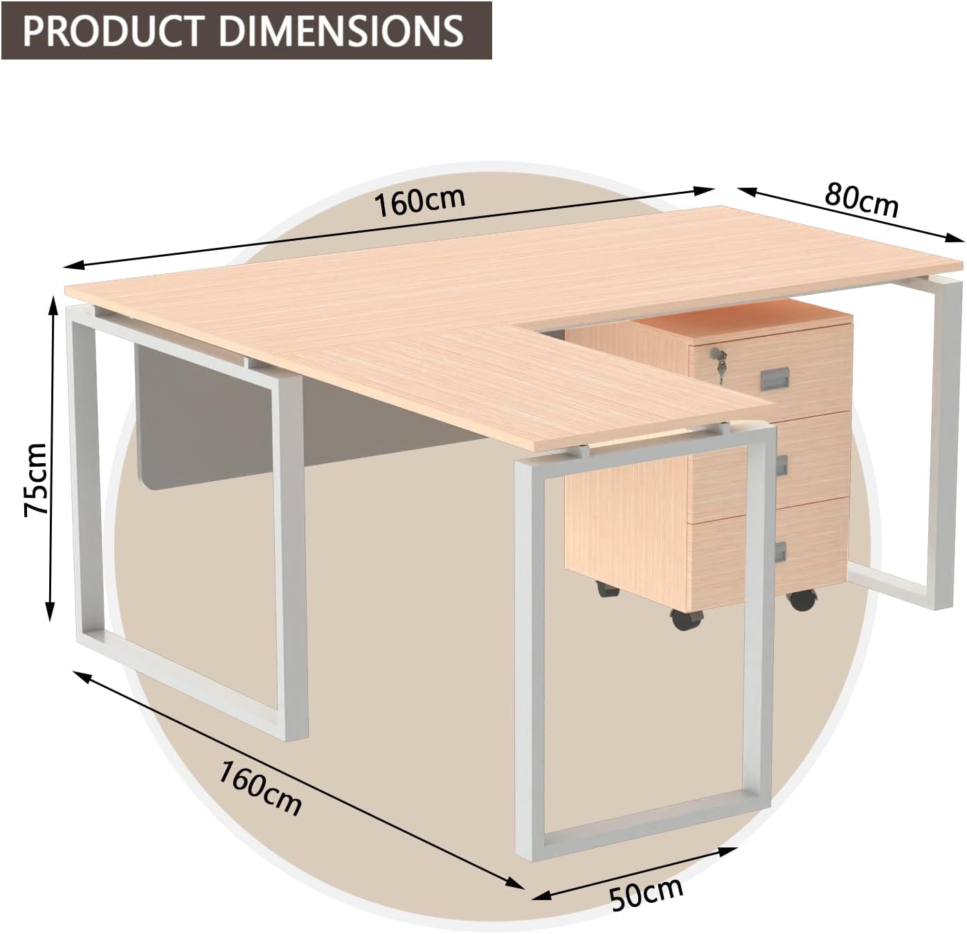 Mahmayi Carre Modern Workstation- Office Furniture with Steel Square Metal Legs, Silver Modesty Panel, Wood 3 Drawer Mobile Storage Unit, Tempered Glass Top for Office Executives, Home (140CM, White)