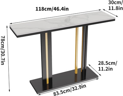 Wisfor Marble Console Table Hallway: 120x30x78 CM White Sintered Stone Entryway Console Table with Black and Gold Geometric Line Pedestal for Foyer, Living Room, Sofa Side Table