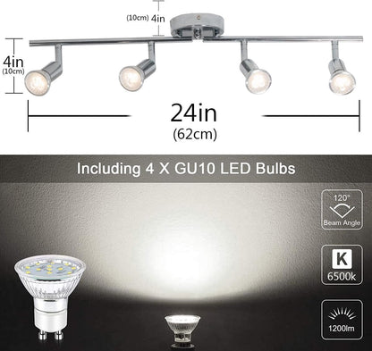 Qcyuui Modern 4-Light Track Lighting Kit, Flush Mount Wall/Ceiling Spot Lights Fixture, LED Track Light with Chrome Flexibly Rotatable Light Head for Kitchen Living Room, 4×GU10 Bulb (Included)