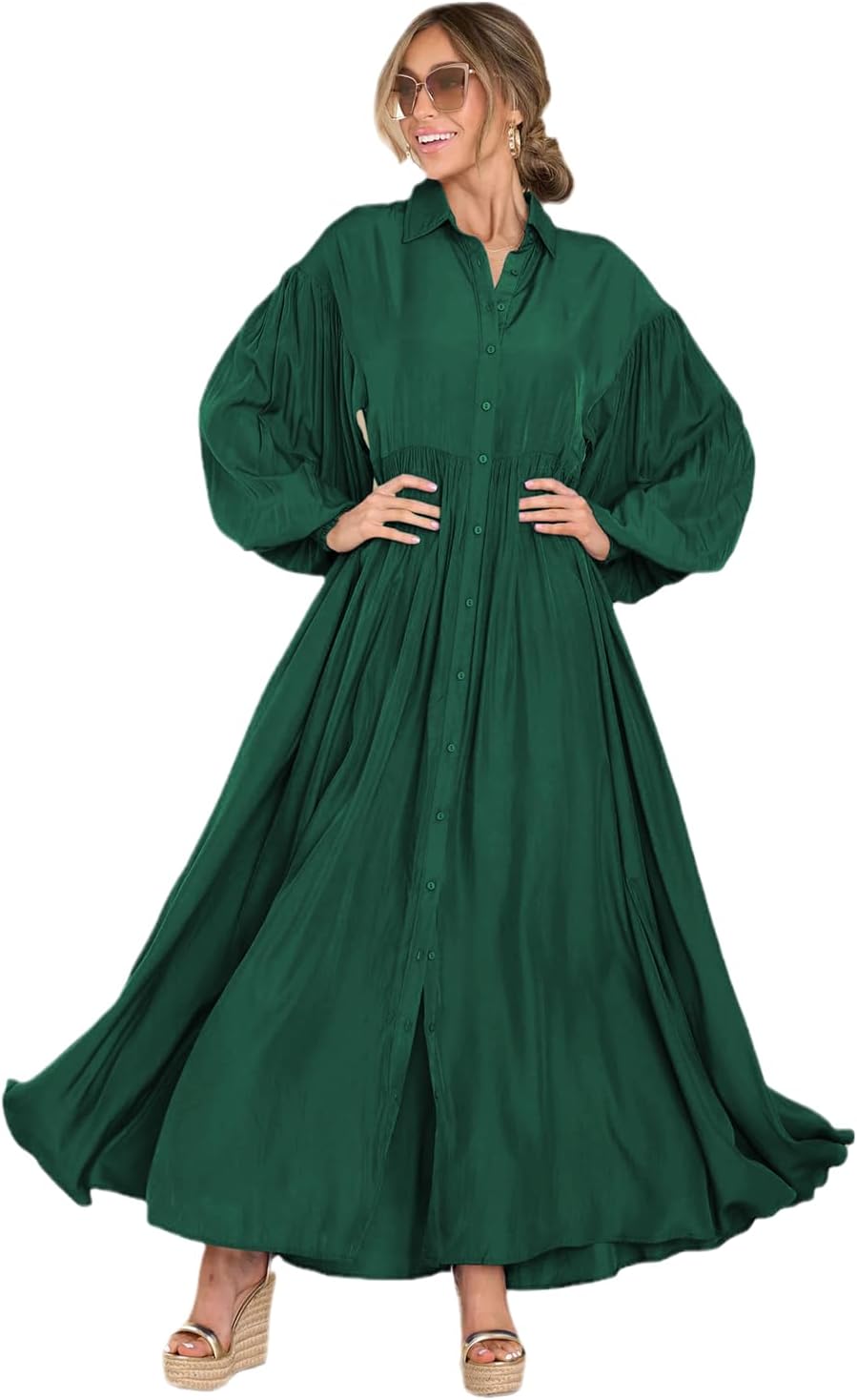 Women's Maxi Shirt Dress Button Down Long Sleeve Casual Flowy A-line Long Dress