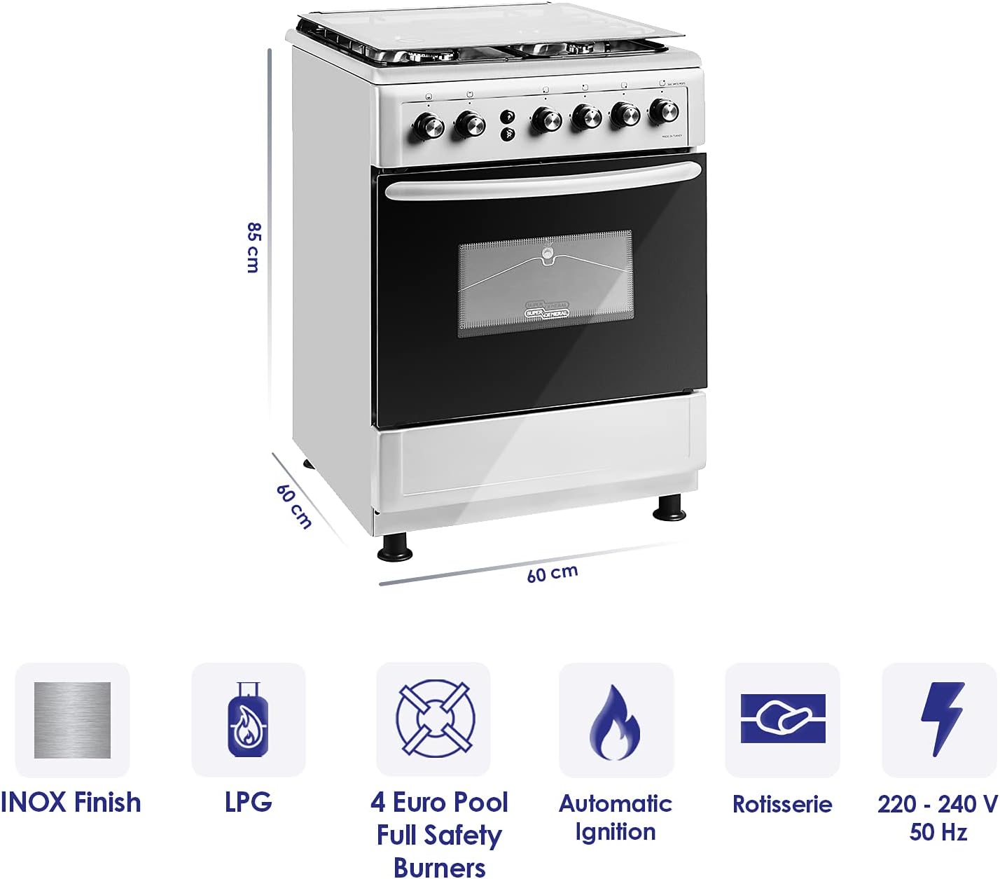 Super General Freestanding Gas-Cooker 4-Burner Full-Safety, Stainless-Steel Cooker, Gas Oven with Rotisserie, Automatic Ignition, Silver, 60 x 60 x 85 cm, SGC-6470-MSFS, 1 Year Warranty