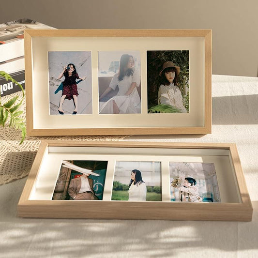 Table Top Decorative Gallery MDF Triple Pictures Photo Frame - displays Multi Photos- Three of 4"x6" pictures - Plexiglass Cover(white oak)