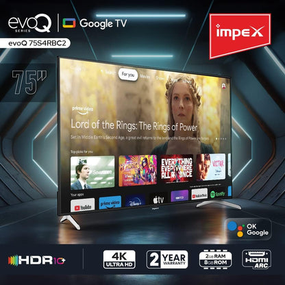 IMPEX 75-Inch UHD Google LED TV with Dolby Vision, Dolby Audio, DTS HD, Chromecast, Voice Remote, 2GB RAM, 8GB ROM, 4 HDMI, 2 USB, 2-Year Warranty, A+ Grade Panel - evoQ 75S4RBC2