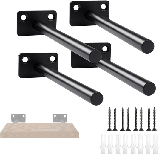 4 Pcs 15cm Black Solid Steel Floating Shelf Bracket Blind Shelf Supports - Hidden Brackets for Floating Wood Shelves - Concealed Blind Shelf Support – Screws and Wall Plugs