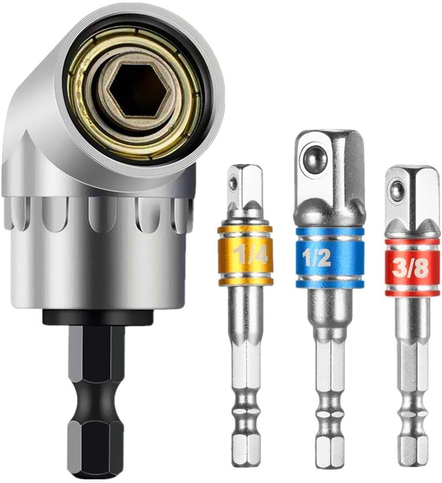 Impact Grade Power Hand Tools Driver Sockets Adapter Extension Set,3pc Hex Shank Drill Nut Driver Bit Set+(Gift) Right Angle Drill,105 Degree Right Angle Driver Extension Screwdriver Drill Attachment