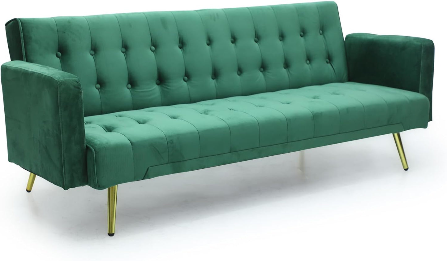 Modern Design MH-1048SB-GREEN SOFA CUM BED OR 3 Seater Sofa Soft PU Velvet 3-Seater Sofa,Made of finiest VELVET sofa AND Golden legs cum bed is Foldable Futon Bed for Living Room –(GREEN)