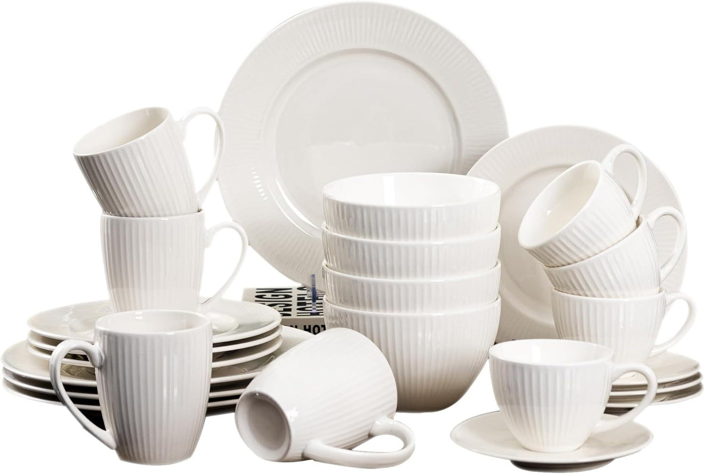 22-Piece White Ceramic Dinnerware & Coffee Set – 10.5 Inch & 8 Inch Plates, 6 Inch Coffee Saucers, 6 Inch Bowls, 12 oz Mugs, 7.3 oz Cups – Microwave, Dishwasher, Oven Safe – Modern Minimalist Tablewar