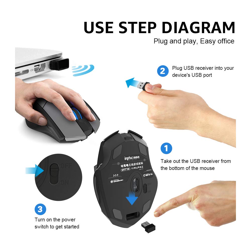 INPHIC Wireless Mouse, [Upgraded: Battery Level Visible] Large Ergonomic Rechargeable 2.4G Optical PC Laptop Cordless Mice with USB Nano Receiver, Black