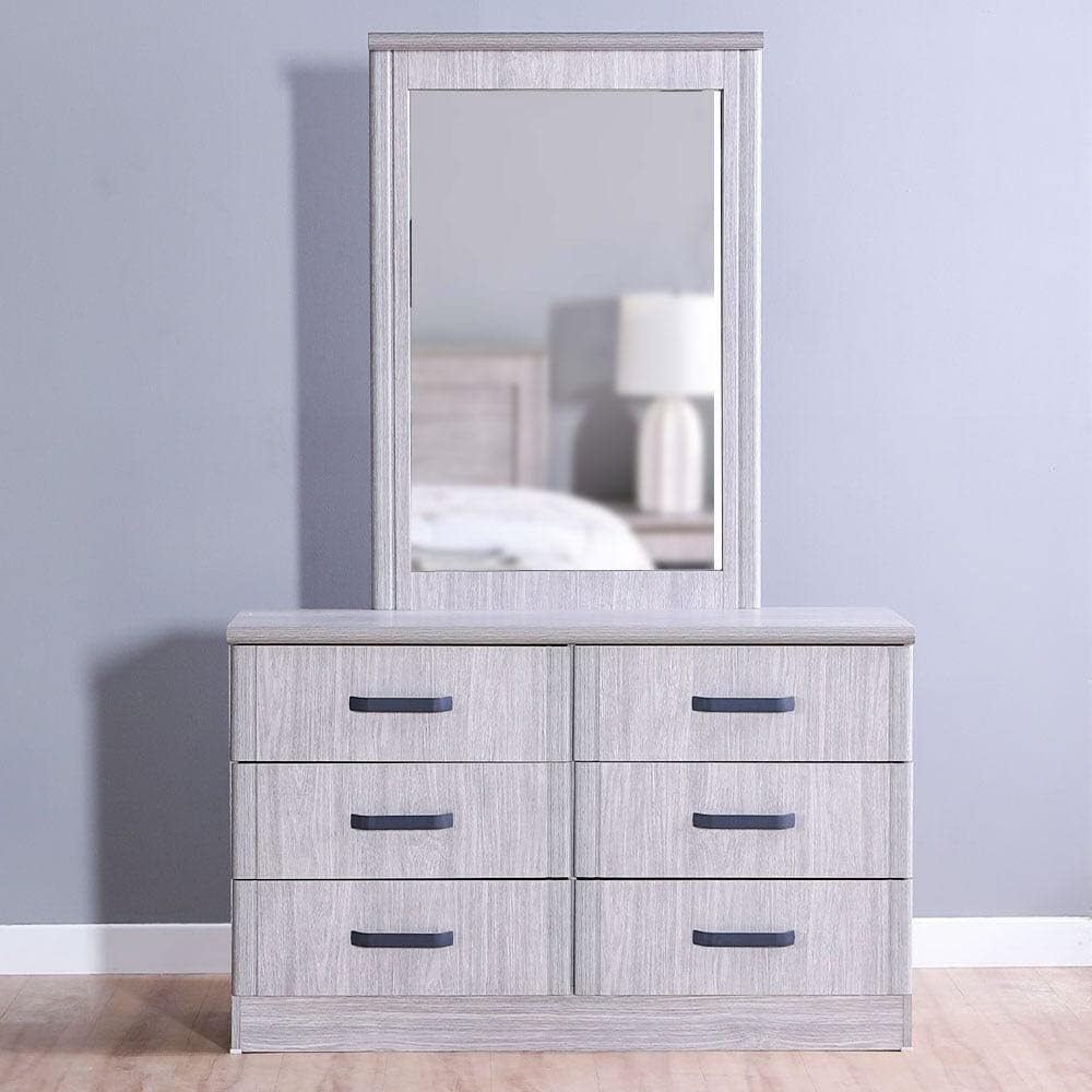 Danube Home Raymond Dresser With Mirror and 6 Drawers | Durable Vanity Table | Dressing Makeup Desk With Storage| Modern Design Bedroom Furnitures L120xW43xH182cm - Grey Oak