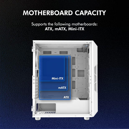 Zalman i3 NEO TG ATX Gaming PC Computer Case - 4 x 120mm Infinity Mirror ARGB Fans - ATX, mATX, Mini-ITX, Tempered Glass Front & Side Panel, White