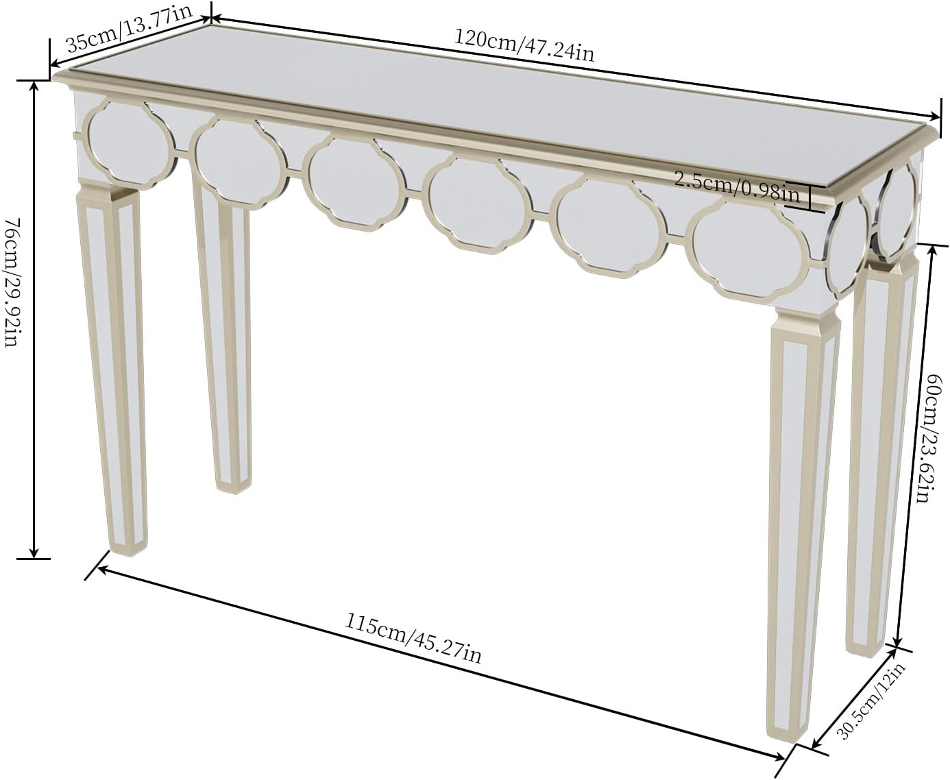 Wisfor Mirrored Console Table for Entryway: Luxury Glass Hallway Desk Narrow Table Top with Gold Rim Modern Slim Sofa Side Foyer Living Room Table, 120x35x76cm