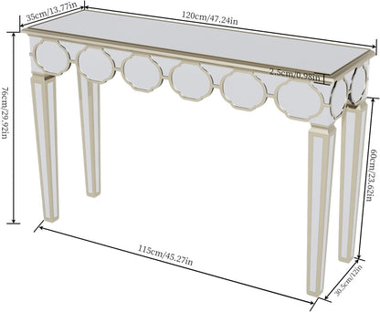 Wisfor Mirrored Console Table for Entryway: Luxury Glass Hallway Desk Narrow Table Top with Gold Rim Modern Slim Sofa Side Foyer Living Room Table, 120x35x76cm