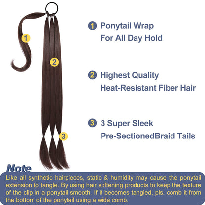 Excefore Ponytail Extension, 80 cm Long Braided Ponytail Extension with Hair Tie Straight, Natural Soft Synthetic Hair Piece for Women Daily Wear (32 Inch, Brown)