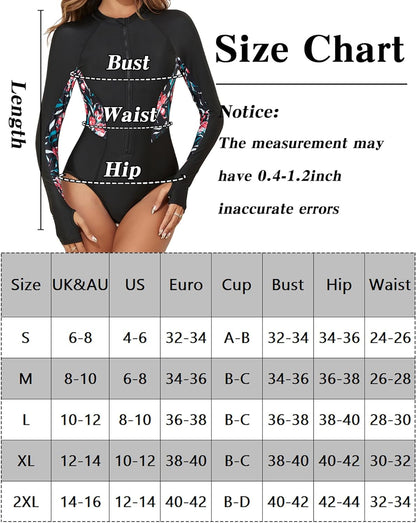 Maeau Women's Long Sleeve Rash Guard UV Protection Zipper Printed Surfing One Piece Swimsuit Bathing Suit