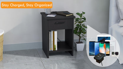 Mahmayi Modern Night Stand Table, Side Table with Single Drawer Storage and Open Storage Shelves, Side Table For Living Room, Bedroom - Black