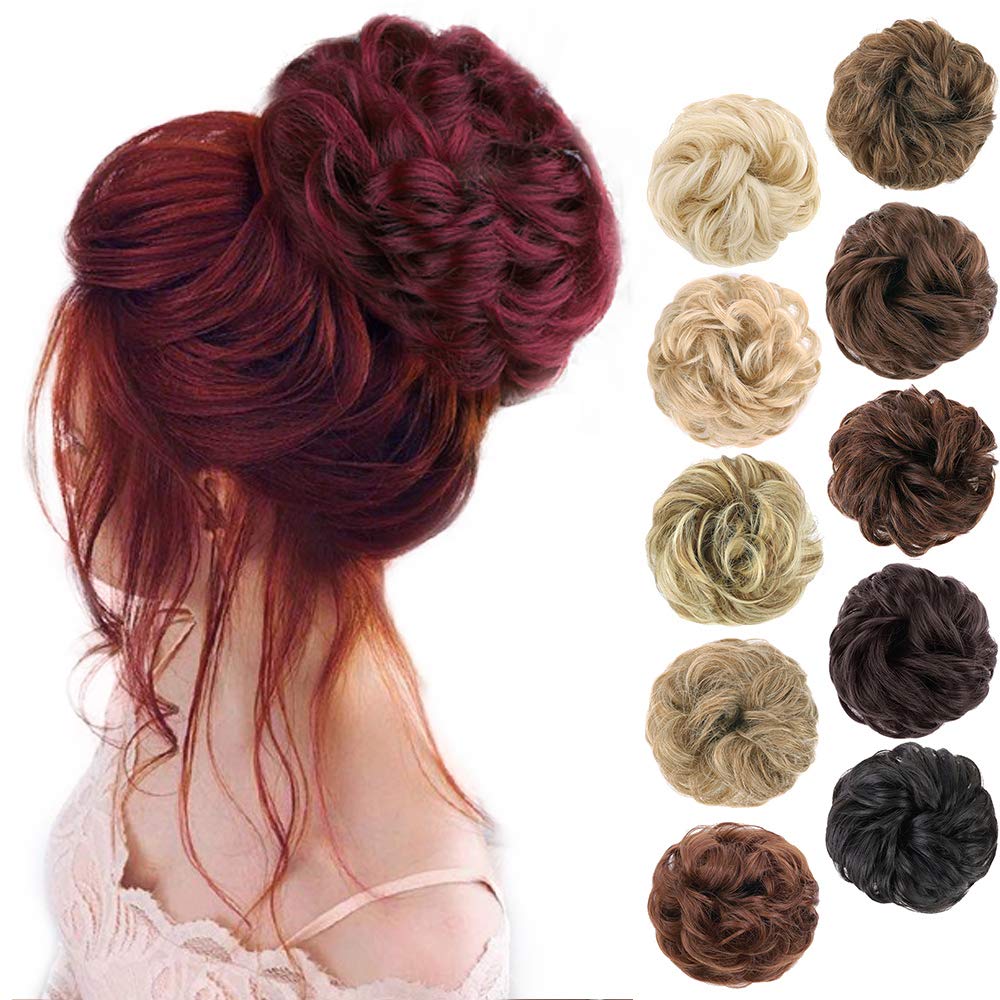 MORICA 1PCS Messy Hair Bun Hair Scrunchies Extension Curly Wavy Messy Synthetic Chignon for Women (12AH613(Light Golden Brown & Lightest Blonde))